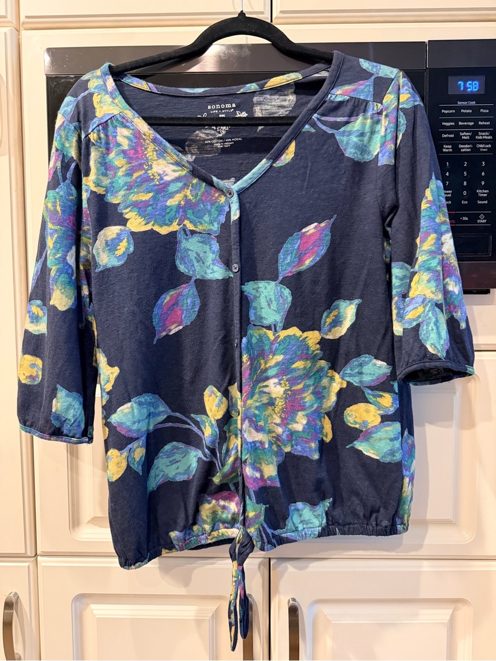 Sonoma Navy Floral Button-Front Tie-Hem Top with Teal and Yellow Accents